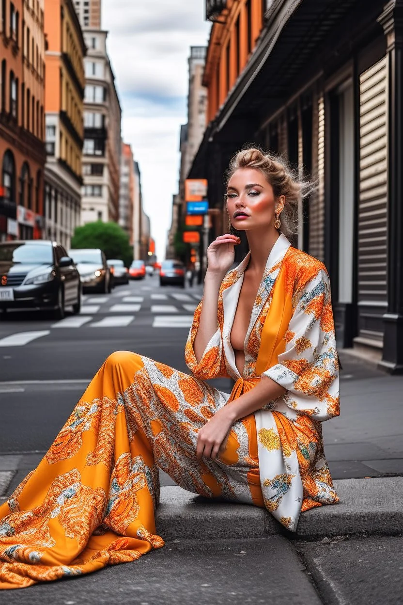 a supermodel in designer outfit sitting on street for magazine cover photoshoot