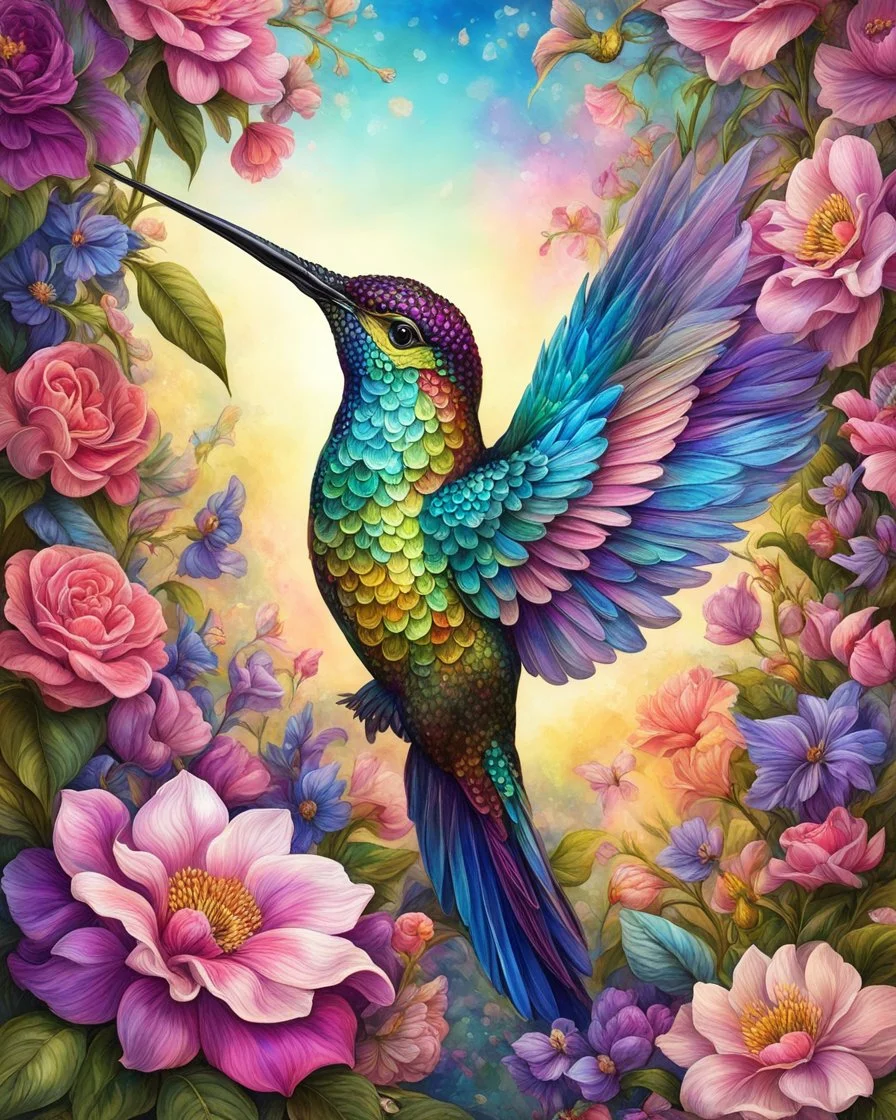 Full body cute floral hummingbird in spring flowers in the style of Josephine Wall, dark pink and beige, colorized, highres, detailed fur, realistic, vibrant, springtime, detailed eyes, professional, atmospheric lighting. High resolution, 8K,