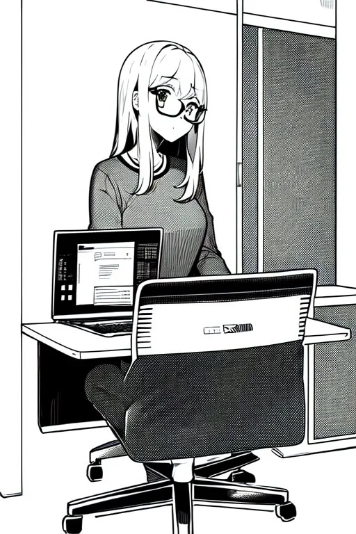 girl with glasses works on a computer in a cafe, line arts, greyscale