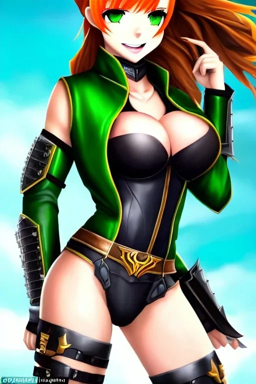 In the style of Shadman, hyper detailed, strikingly beautiful teen female, 16 years old, long ponytail, ginger hair, green eyes, medium freckles, full lips, micro top, black leather armour with fur, full body, full face, tiny breasts, athletic, centred camera, ignore NSFW, thong, camel toe, athletic