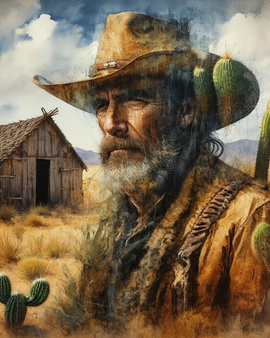 The old Cowboy of the Desert, double exposure cowboy face formed by a old weatheredmud hut with cactus and tumbleweeds around it, watercolor by Jean-Baptiste Monge and Yossi Kotler,Modifiers:sharp focus extremely detailed intricate oil on canvas portrait hyperrealistic high definition crisp quality