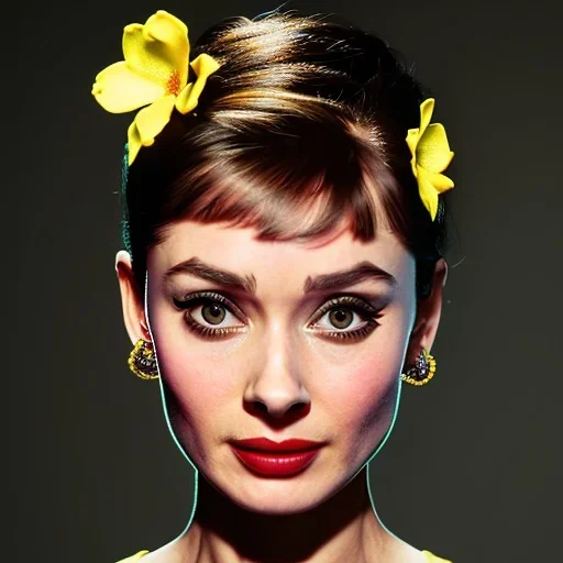 Audrey Hepburn with yellow flowers for hair, face detailed, closed eyes, rtx, reflection, 8k, glow, winning photography, caustics