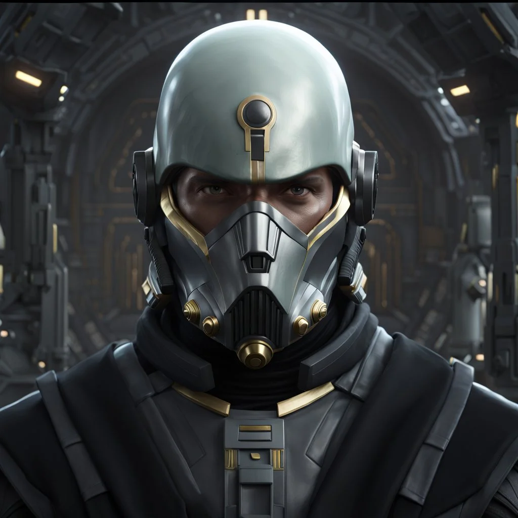 star wars bald male corellian pilot wearing pearlescent black and gunmetal grey First Order special forces heavy assault stealth commando armor and helmet with gold trim inside the jedi temple, hyperdetailed, dynamic lighting, hyperdetailed background, 8k resolution, volumetric lighting, light skin, fully symmetric details