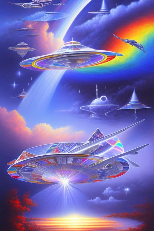 intergalactic very beautiful ufo rainbow futurist,mother ship pleiadien,crystal and light diamond