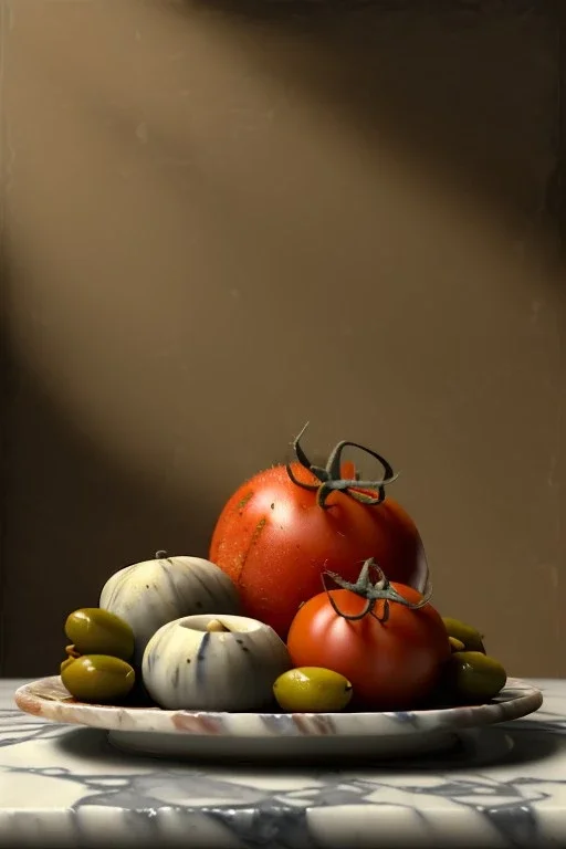 renaissance style still life composite, dish of Raviolis with natural tomato, albahaca, olives, olive oil. moisture, art, natural, ornaments, ceramic, marble, high kitchen, smooth, gradient color background, unreal engine 5, ray tracing, RTX, lumen lighting, ultra detail, volumetric lighting, 3d.