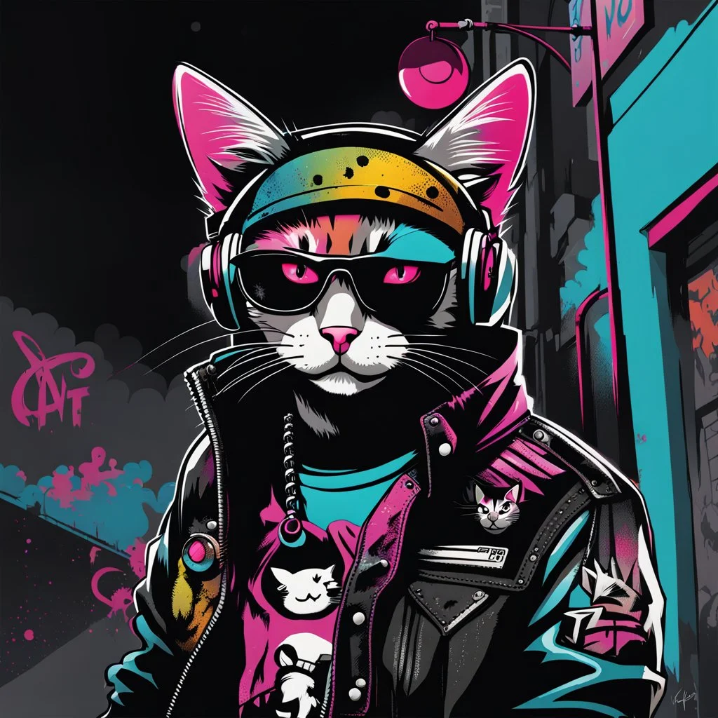 Dibujo de un Cat punk con chaqueta estilo grafiti NFT