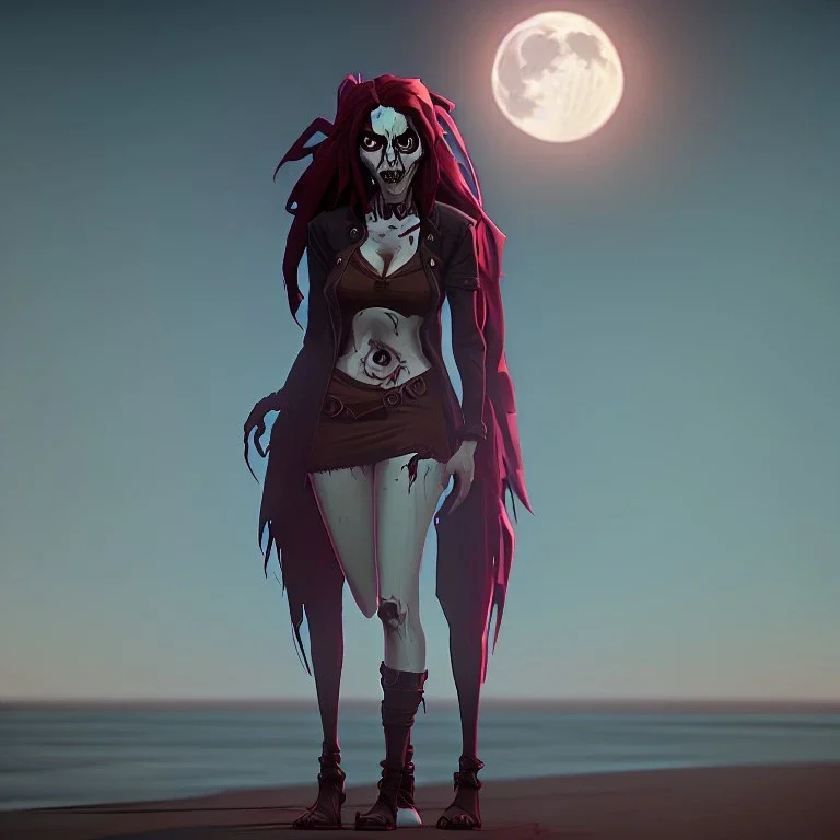 horror female zombie whit red hair, standing on beach on full moon