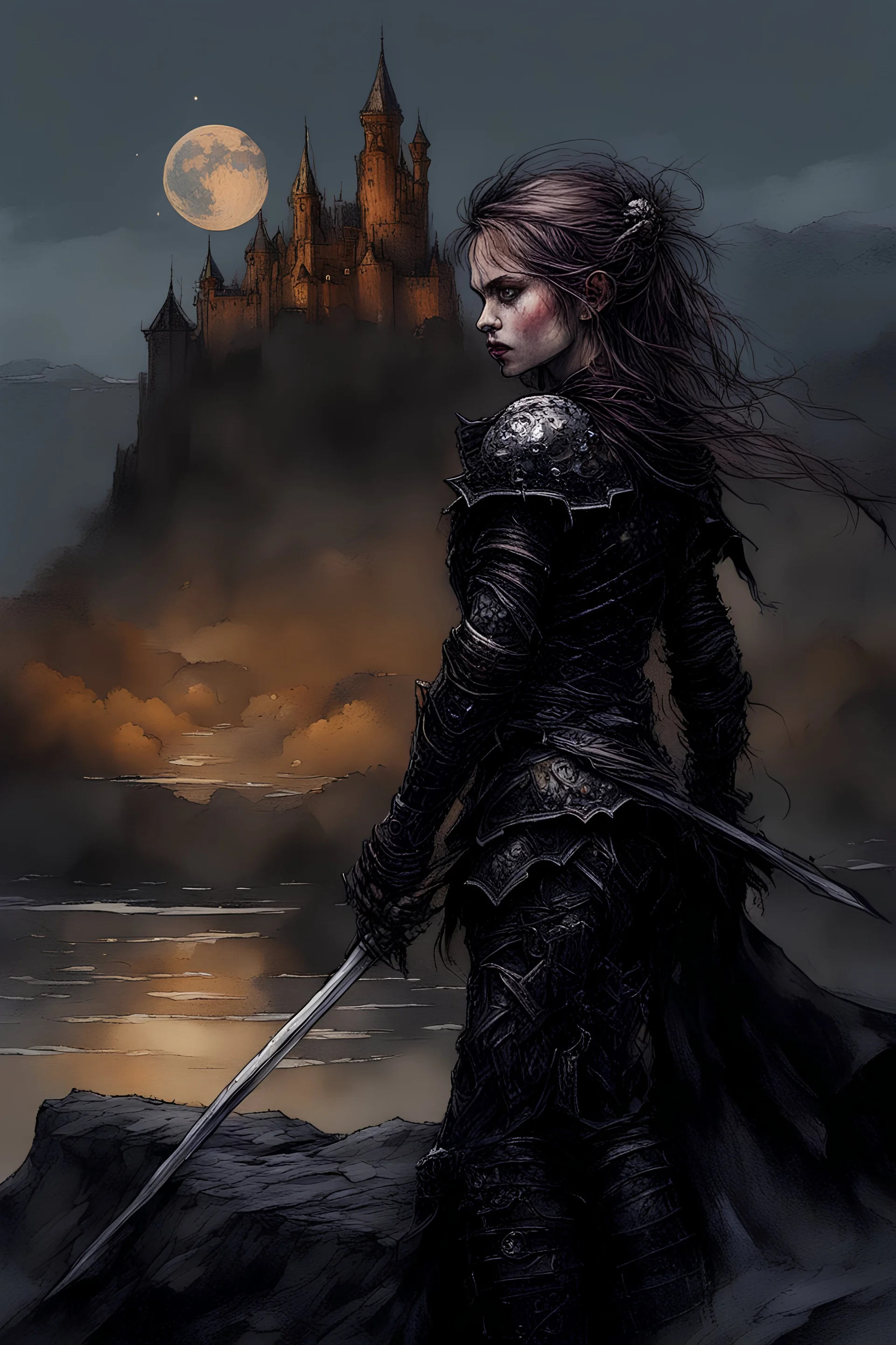 A formidable warrior girl in black armor, against the background of an amazing gloomy landscape, flooded with the light of two moons, mountains, trees, a fabulous scary landscape, juicy emotions, painting, dark fantasy, gloomy day, dark world, portrait, Gothic Town At Night, Fantasy, Intricate Details, Castle Courtyard Gardens, Hyper Detailed, Jean Baptiste Monge, Carne Griffiths, Michael Garmash, Seb Mckinnon, Masterpiece