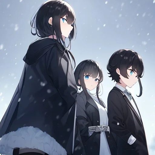 Clear focus, High resolution, black short fluffy hair, long locks, frowning, unamused, wearing a black coat and a white short skirt with black leggings on, wearing a white shirt, wearing a grey belt, looking confused, snow in the background, blue sparkling eyes