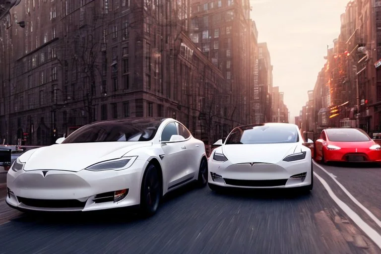 A Tesla 'Model S' is racing at top speed, near the Flatiron Building in Manhattan. (CINEMATIC, WIDE ANGLE LENS, PHOTO REAL)