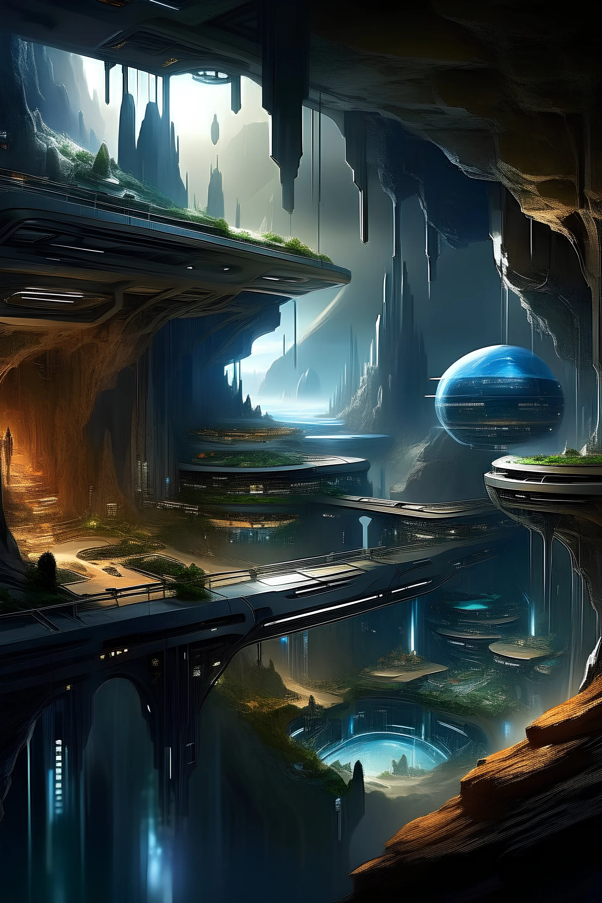 Une ville moderne futurist dans une grotte en format portrait