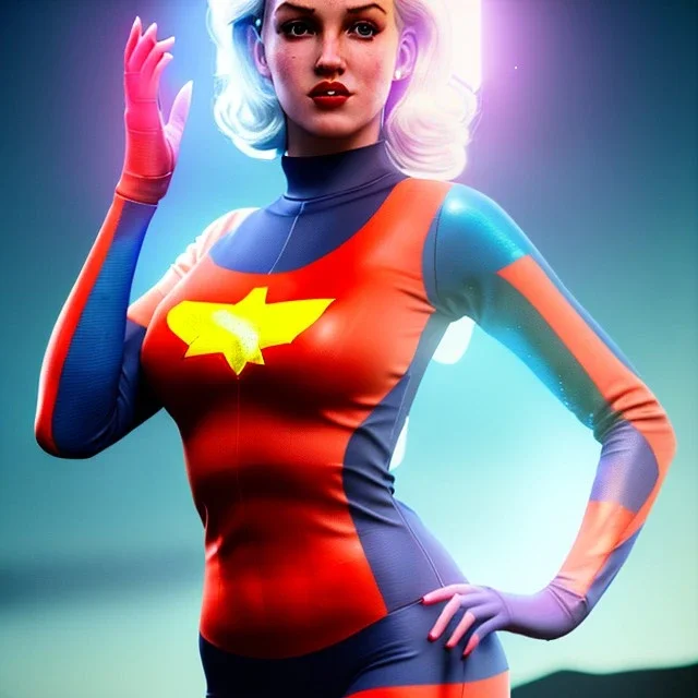 Realistic image classic superhero portrait, waist up view, blonde woman, sweet Marylin Monroe face, perfect iris, glow eyes. tight lycra tights suit, epic style, vibrant color, highly detailed, unreal engine 5, ray tracing, RTX, lumen lighting, ultra detail, volumetric lighting, 3d, finely drawn, high definition, high resolution.