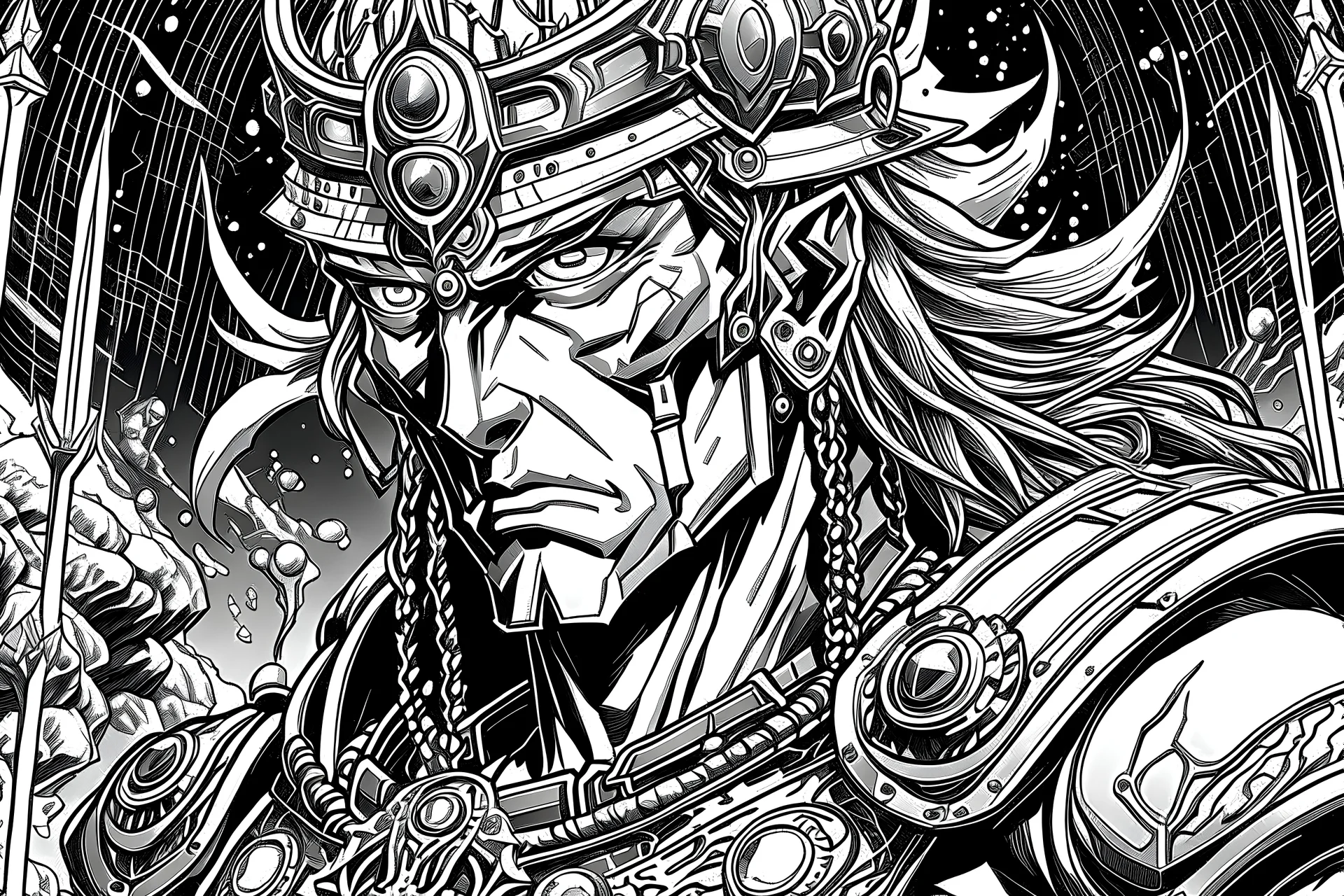 pro photo. sharp. precise. visual distinction & clarity. lots of hidden detail. regal amphibious humanoid man. king's treasure quest. bejeweled royal.world class internationally best-selling graphic novel/cartoon comic book character high contrast black & white illustrations anime style elevated to status of fine art