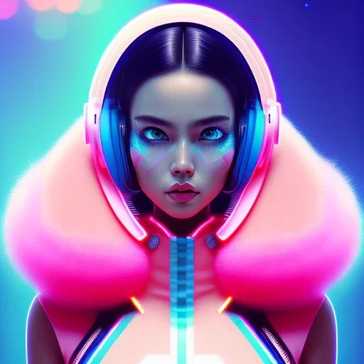 portrait in oil of busty beautiful Blackhaired woman, purpurin, minimal skintight latex pink dress, gradient color, BLUE, PINK, CYAN, neon, insanely detailed, 16k resolution, perfect eyes, cinematic smooth, intricate detail, in the style of Kaare Andrews