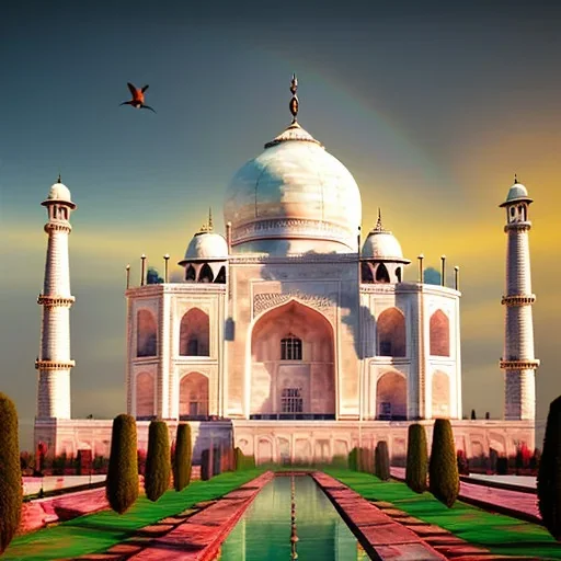 The Taj Mahal, Hindistan, sunset, rainbow sunset, fantasy art, flying birds, springs