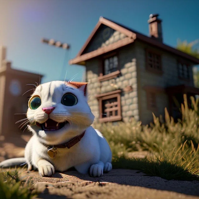 Cartoon pet with a smiley looking at a small house|mdjrny-v4 style| wide angle| intricate detailed| hyperrealistic| cinematic lighting| cinematic colors|hdr | unreal engine