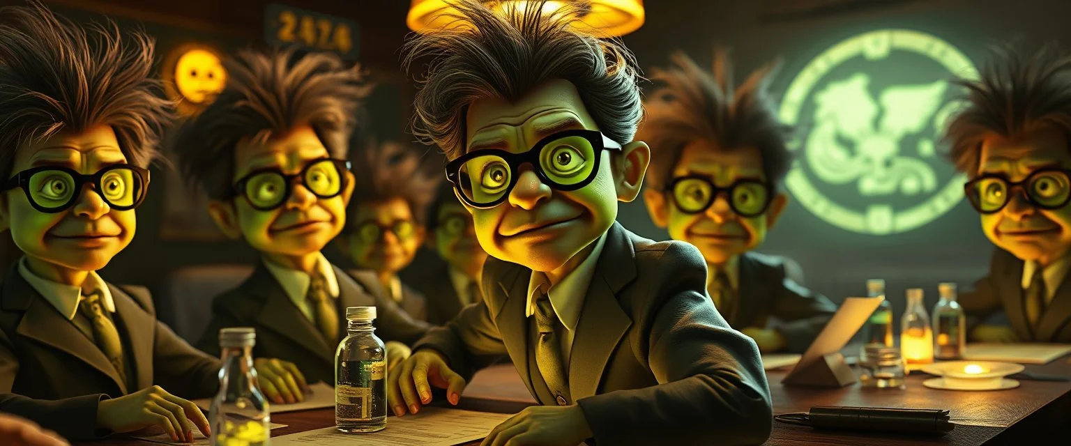 high class realism, the board in the style of fallout 4, A close up portrait of one person in group of mutated with hairy wigs glowing, uranium creatures in a dimly lit boardroom, wearing tiny suits and glasses, with playful but slightly mischievous expressions. Their bodies emit a soft greenish glow. The room is filled with scattered papers, glowing vials, and miniature nuclear reactors. Style: whimsical digital illustration, cinematic lighting, colorful, slightly exaggerated feature