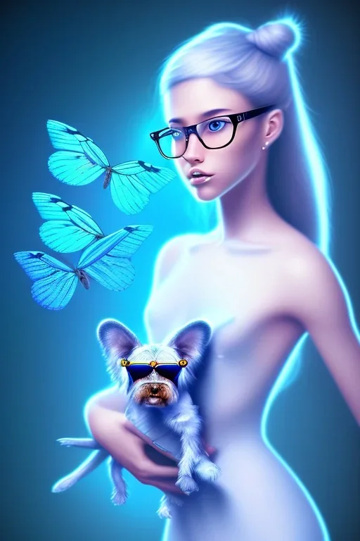 Dibujo escena de una mariposa de los abismos en el fondo, aparece una adolescente con gafas y un perrete azul. full body, gran angular