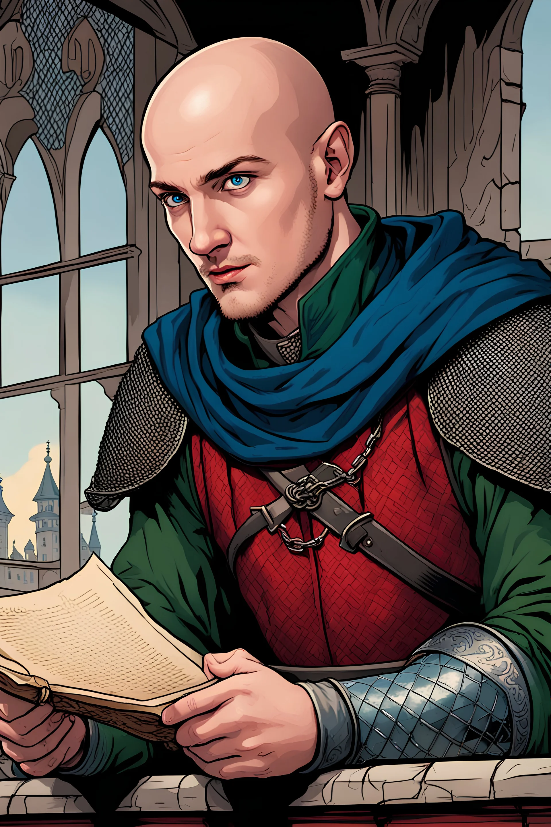 young adult man, bald with blue eyes, green renaissance clothes, red doublet, blue cloak, chain mail, reading a scroll, standing in a balcony, comicbook art style