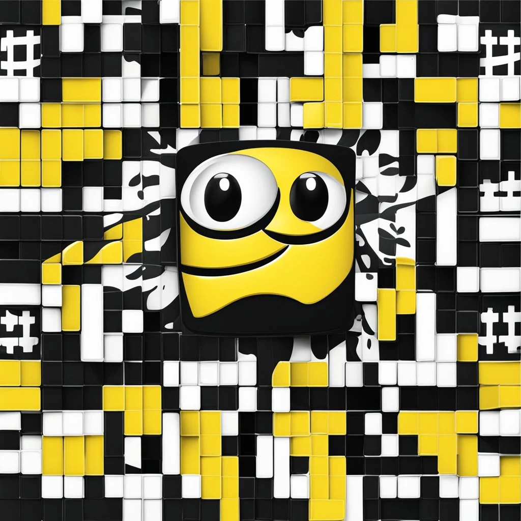 emoji styled in crossword puzzle pattern, crossword aesthetics, black background, minimalist, yellow-black-white tri-color, splash art