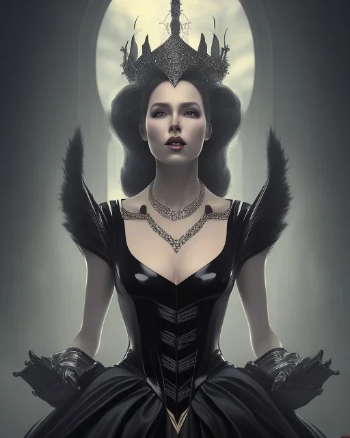 evil queen in black leather gown, busty, cleavage, angry, emperious, 8k resolution concept art portrait by Greg Rutkowski,