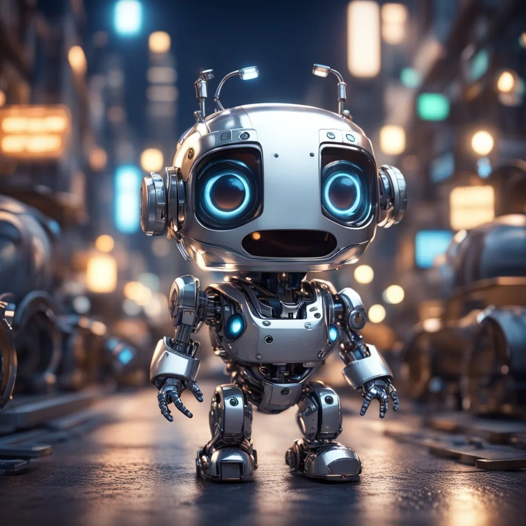 unreal engine render of a cute tiny robô in a busy, micro parts chromed, crowded city at night, cute eyes, volumetric lighting