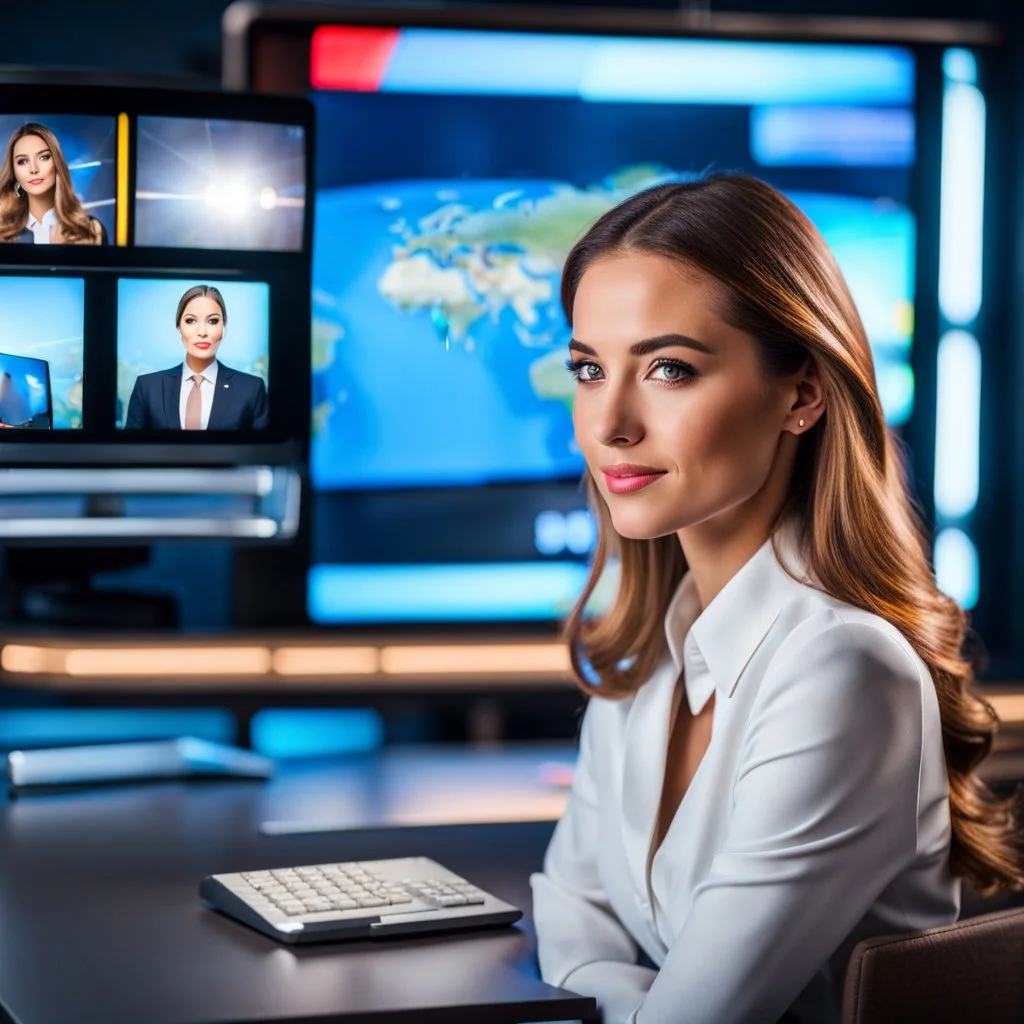 amodern tv studio a beautiful girl perfect face sitting next to desk presenting news looking at camera, with picture of an old man in tv screen at background