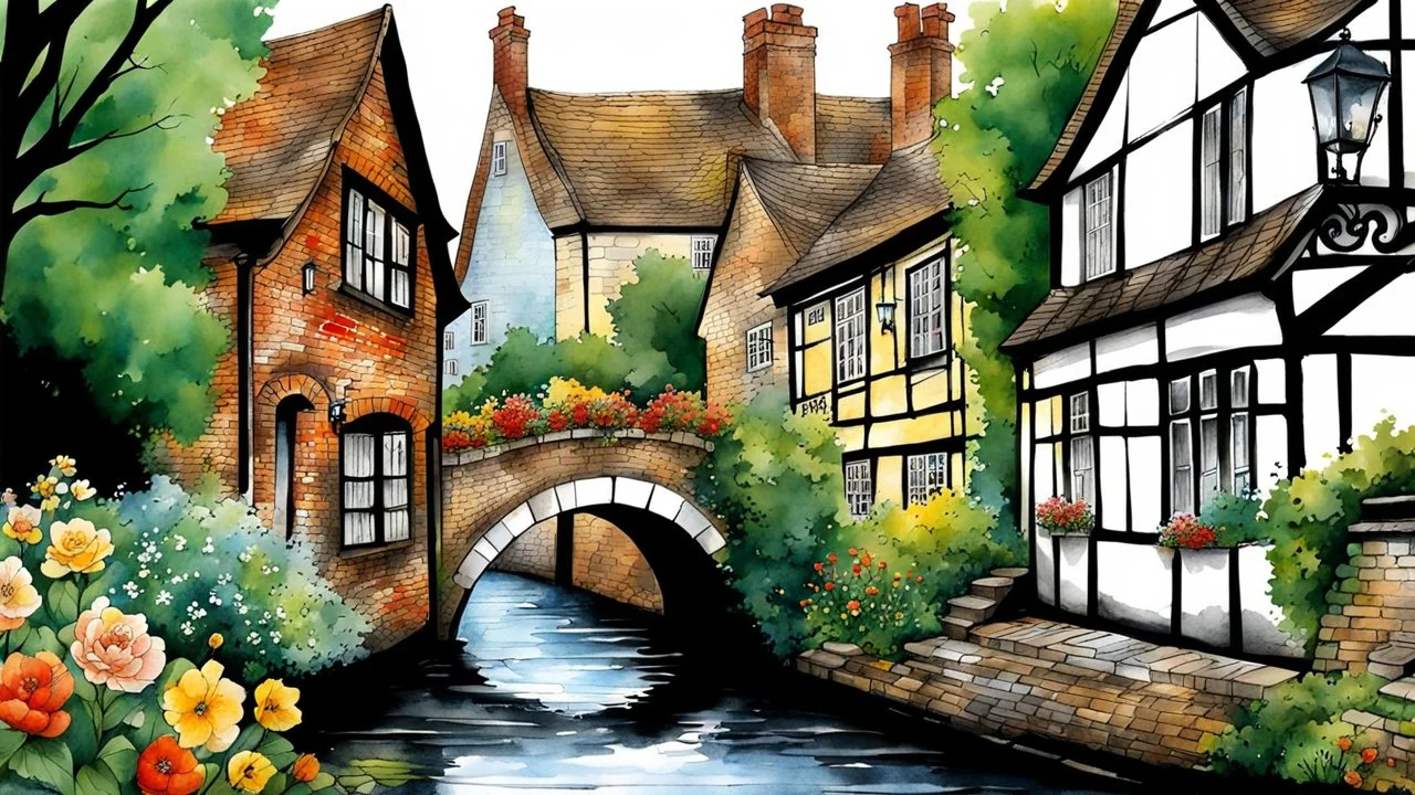 Ink was art, black and white colors with brick, red, brown, blue and yellow watercolors, splash art, fine details with graphics, old vintage English village in summer rain, cobblestone street, bushes, trees, flowers, the passage of time, the good old its atmosphere is days floating, calm and quiet serene, dim lights, extremely detailed, intricate, masterpiece