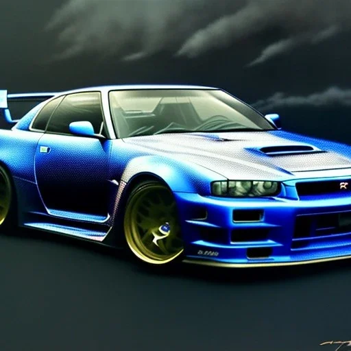 hyperrealism Drawing of 'Dark Blue Nissan Skyline GTR r34' three quarter frontal aerial view, by gaston bussiere, greg rutkowski, yoji shinkawa, yoshitaka amano, tsutomu nihei, donato giancola, tim hildebrandt,oil on canvas, cinematic composition,Sharp detail,extreme detail,fit full head inside picture,16k