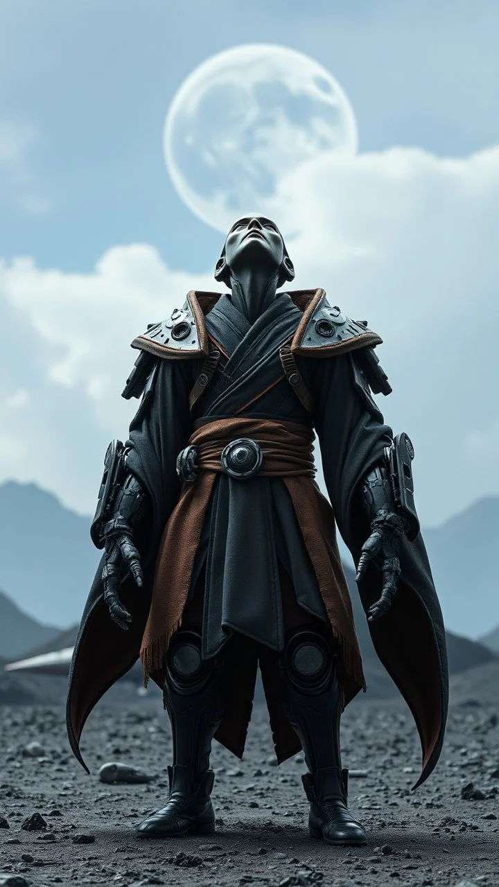 A centering dynamic view action showcasing the fusion of figma and Neumorphic elements, depicting a fully fantasy of an alien Its intricate mechanisms are driven by interlocking robes and complex fabrics casual outfit embedded throughout its massive figma frame. Stance on black mechtech battlefields abandone Dojo. And the face is looking up to the sky, show space ship laying on the ground behind the object