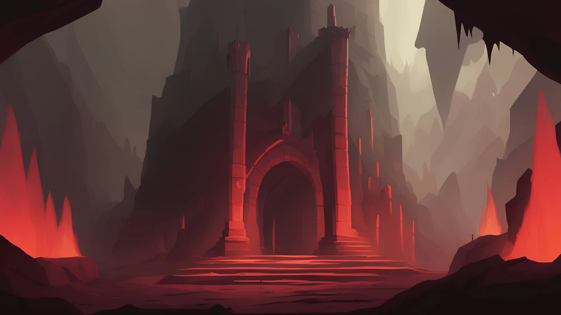 a painting of medieval demonic gothic Slave Dungeon in Hell, Nevendaar dark fantasy universe, DISCIPLES II, Nevendaar, dark fantasy, gothic, gloomy :: underground hell, red flames, lava, rocks, fire, foggy, red light :: satanic architecture, dark fantasy scene painting :: a storybook illustration by James Gilleard, behance contest winner, 2d game art, storybook illustration, rich color palette