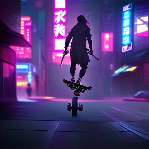 photo of a ninja riding a skateboard; in an alternate universe in tokyo; cyberpunk; realistic; rain; neon signs