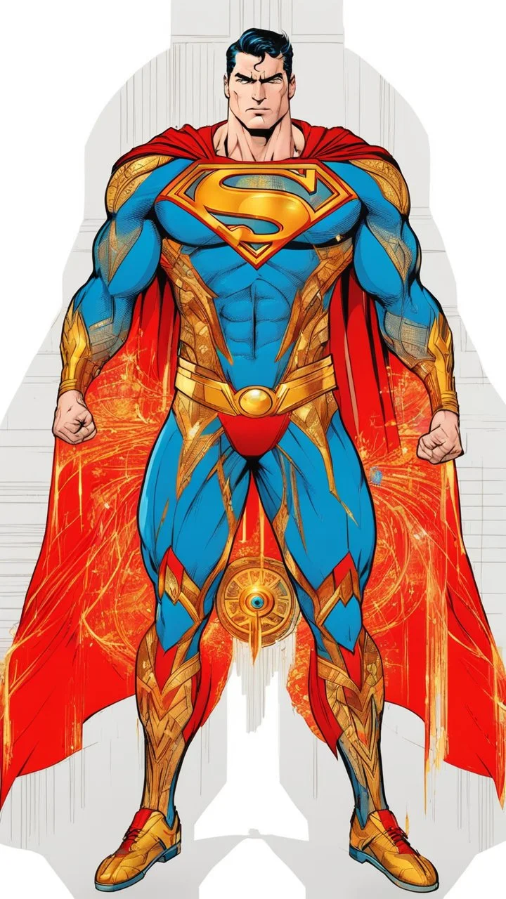 Superman.He looks forward with radiant eyes In a new, sophisticated suit Ornate gold, black, red, glowing blue energy tattoo decorated with a Mandala pattern. Strong, fit body. Muscles. A cinematic scene. A destroyed city scene