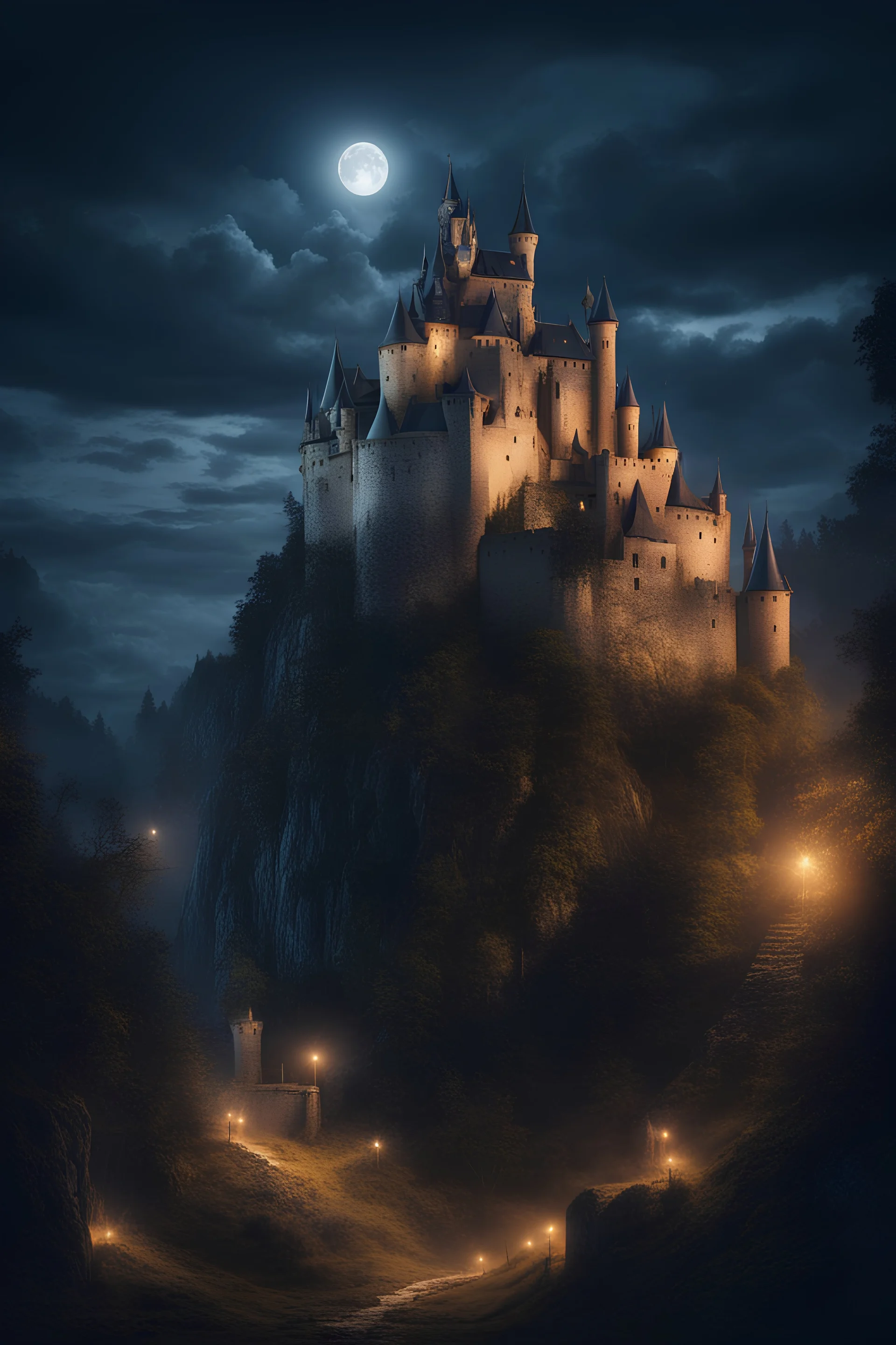 fantasy medieval castle on hill at night