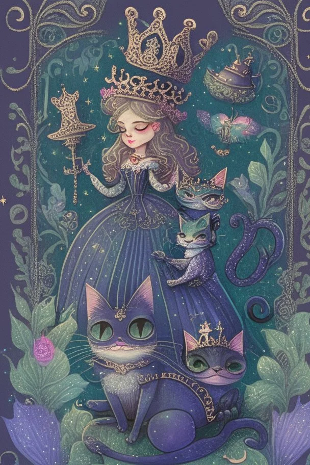 dark fantasy, intricate book cover showing a cat in boots, a frog with a crown and a fairytale princess with a glass slipper, whimsical