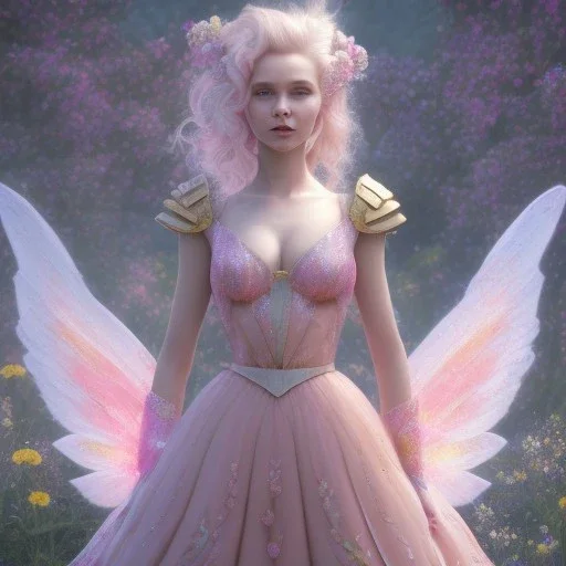 a pink castle, a cheerful fairy in front, big smile, pink, blonde hair, beautiful, whole face, whole top hair head, wide open blue eyes, transparent wings onn the back, hyperrealism, masterpiece, expert, cinematic lighting, sharp focus, 8K, pastel, macro lens, woman, detailed, flower