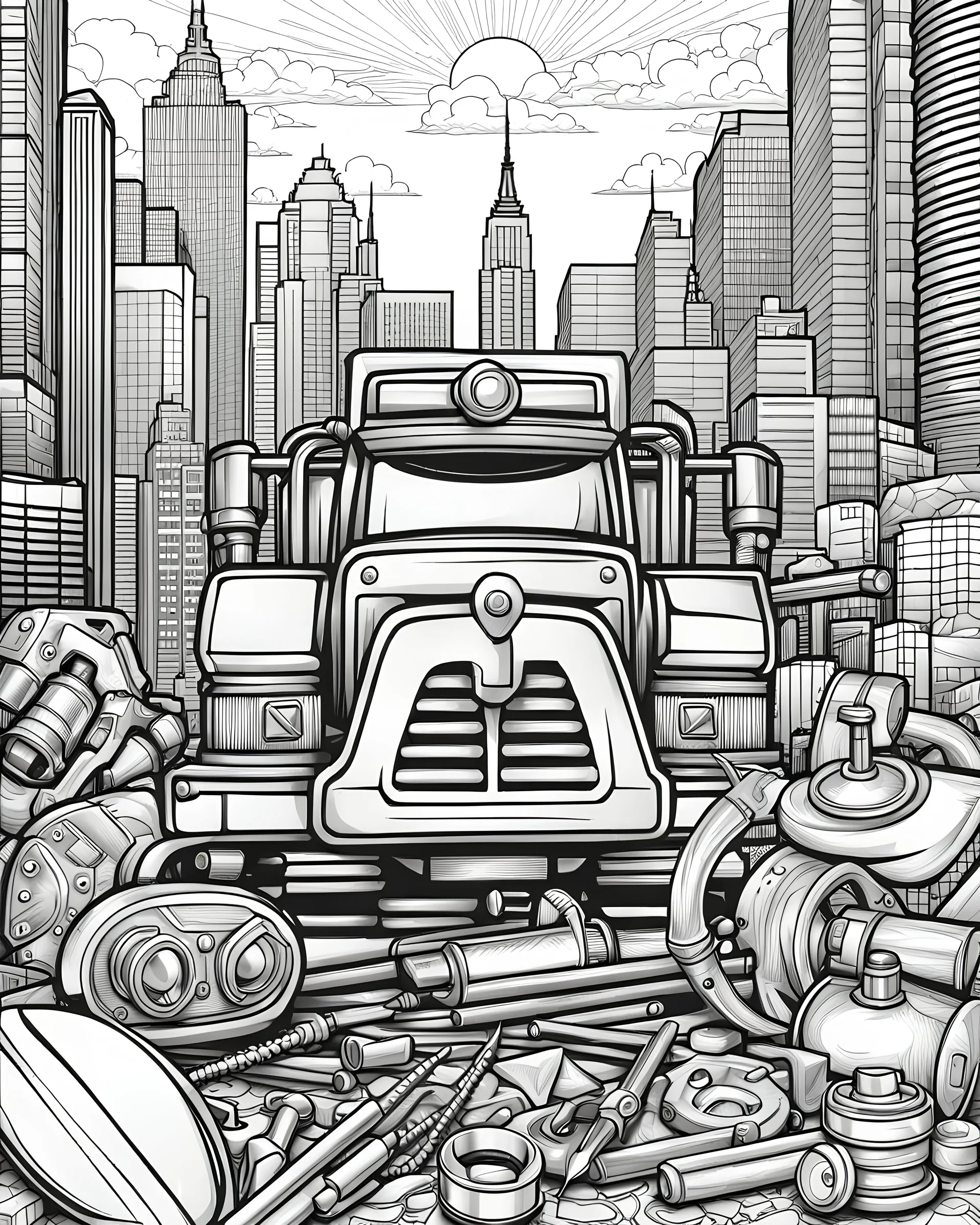 B/W outline art,coloring book page, full white, super detailed illustration for adult, " Builderman tool set", crisp line, line art, high resolution,cartoon style, smooth, low details, no shading, no fill, white background, clean line art,law background details, Sketch style, strong and clean outline, strong and black outline