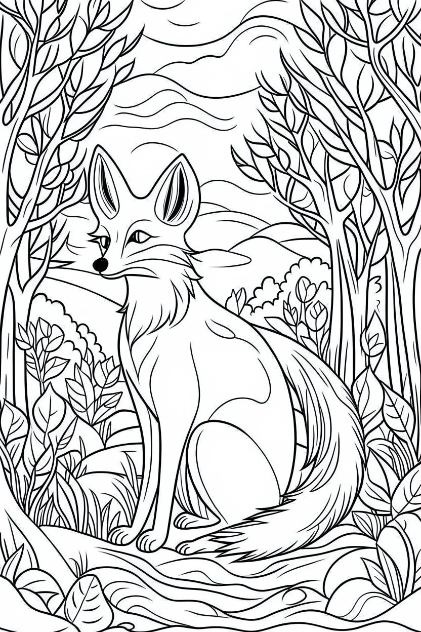 DRAW TO COLORING OF A FOX ON THE FOREST, BLACK AND WHITE CARTOON STYLE, LOW DETAILS, THICK LINES, NO SHADING LINES