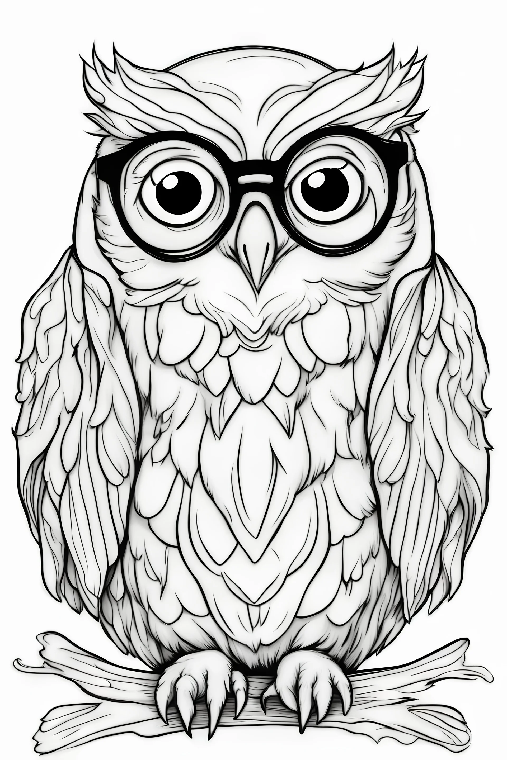 Outline art for cute coloring pages with owl with glasses, full body, white background, sketch style, only use outline, clean line art, no shadows and clear and well outlined.