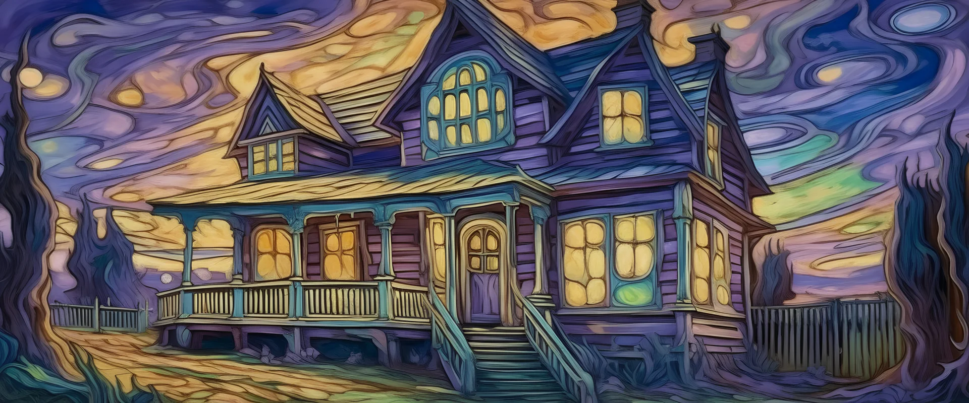 A light purple haunted house filled with spirits painted by Vincent van Gogh