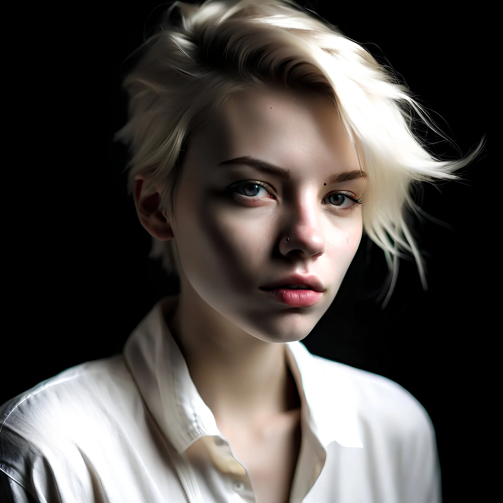 woman, twenty years old, white blond shortish hair, dark grey eyes, light pale skin, rose lips whithe shirt, portrait, close up, beatiful young woman, many shadows, hair tied up, loose strands framing face, little make up, ferfect skin, defying expression, chin pointed up, wild hair