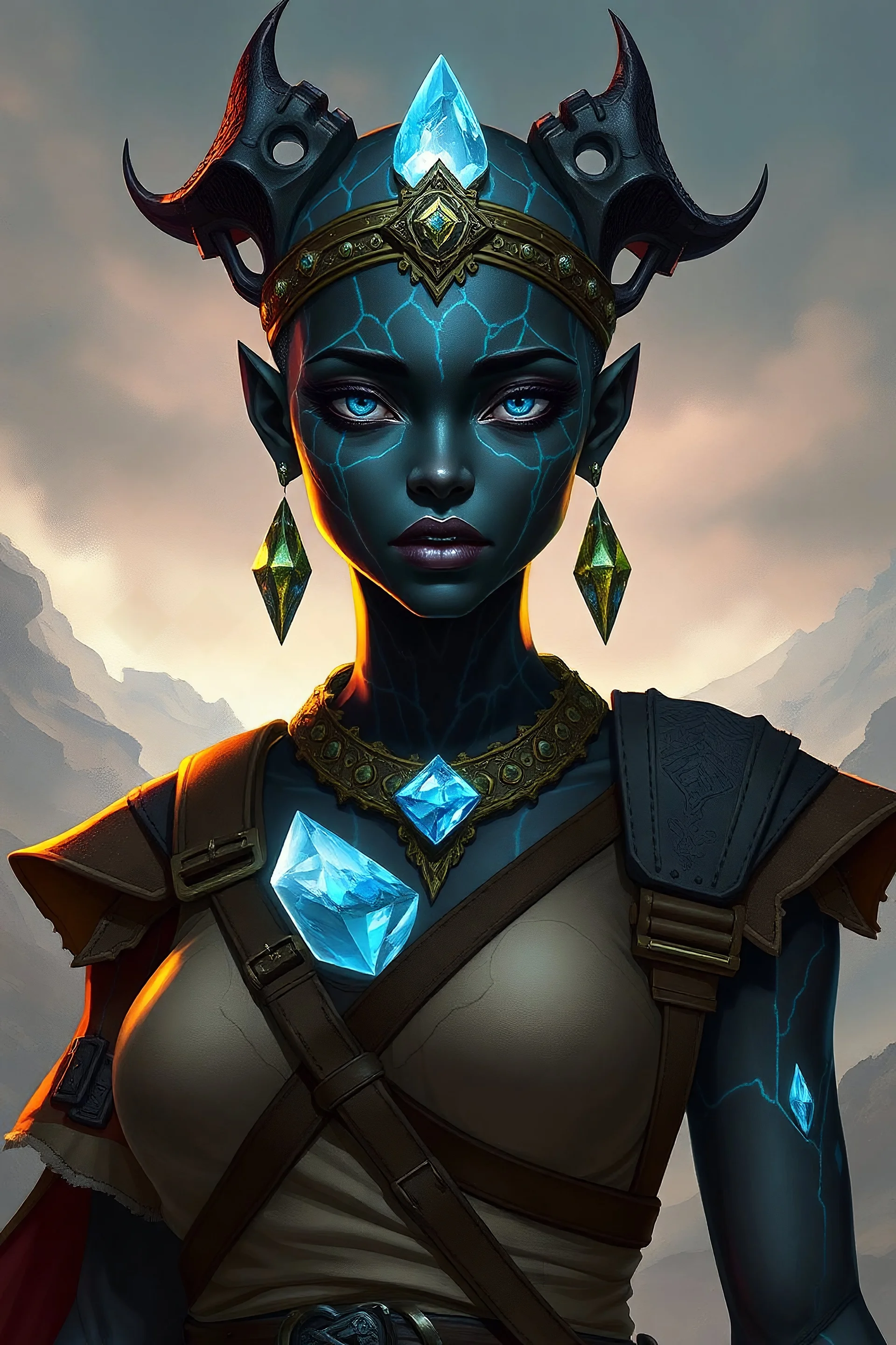 Please generate a female earth genasi She should have dark-colored skin. She should have lines marking her skin like cracks, showing glimmering gem-like veins. Instead of hairs, she has crystals. She also have crystal on her skin. She wears adventurer clothes