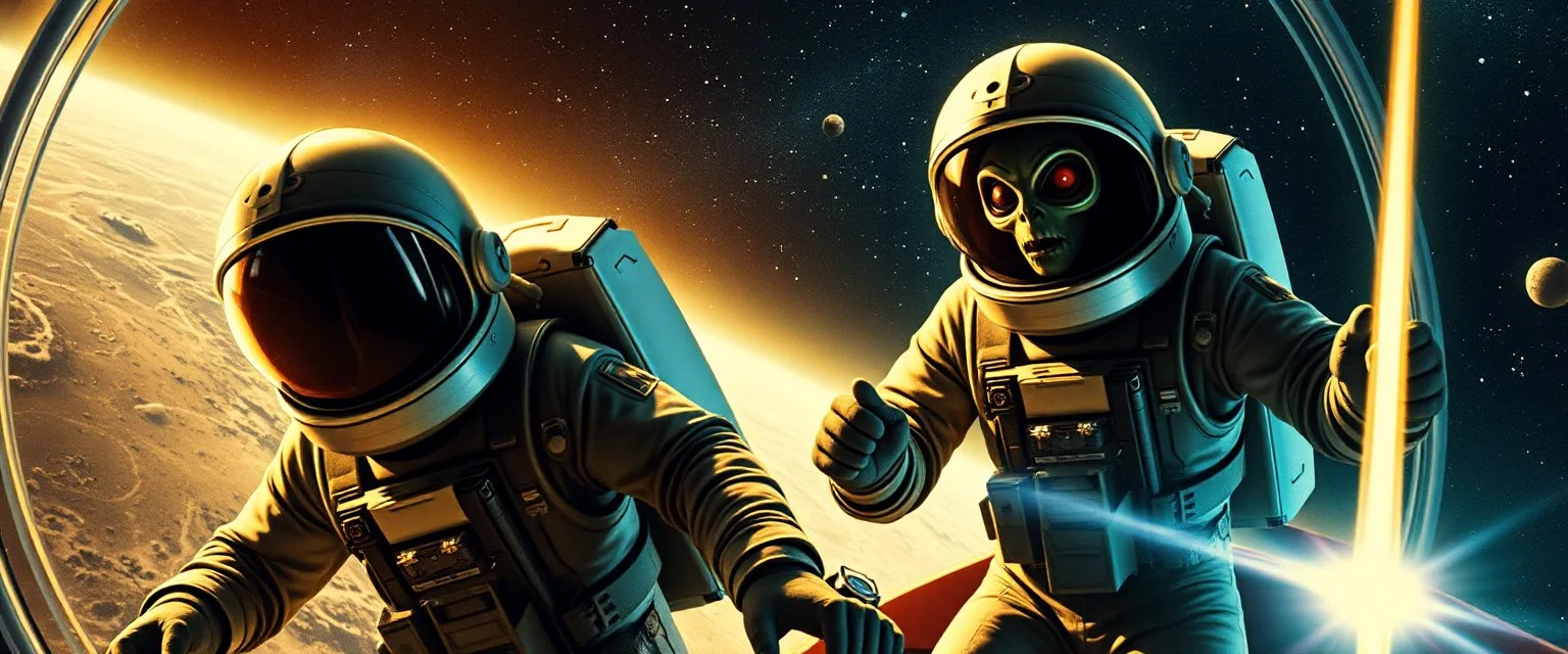 movie poster, soap opera, cowboy astronauts in a spaceship , space alien Abjurer Wizard