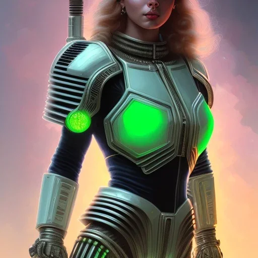 Young Woman as a ruggedly beautiful retro sci-fi space marine in a green pvc outfit, 1985, intricate, elegant, highly detailed, centered, digital painting, artstation, concept art, smooth, sharp focus, illustration, art by artgerm and donato giancola and joseph christian leyendecker, ross tran, wlop