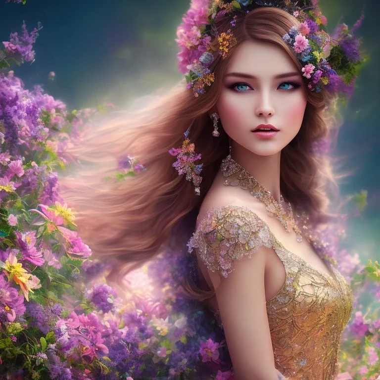 bright fairy, beautiful portrait, flowery landscape