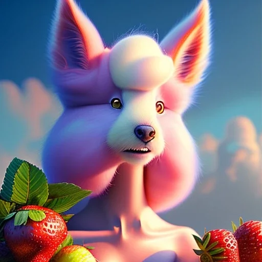 pixar styleT, tropic landscape, white background, aerographic style,realistic painting of a beautiful girl and jar marmelade,volumetric blue clouds,pink sky environment and flying strawberries in background, volumetric lighting,dramatic lighting, detailed digital painting, extreme dense and fine fur, anime, ornate, colour-washed colors, elegant, small minutiae, tiny features, particulars, centered, smooth, sharp focus, renderman gofur render, 8k, uhd, detailed eyes, real