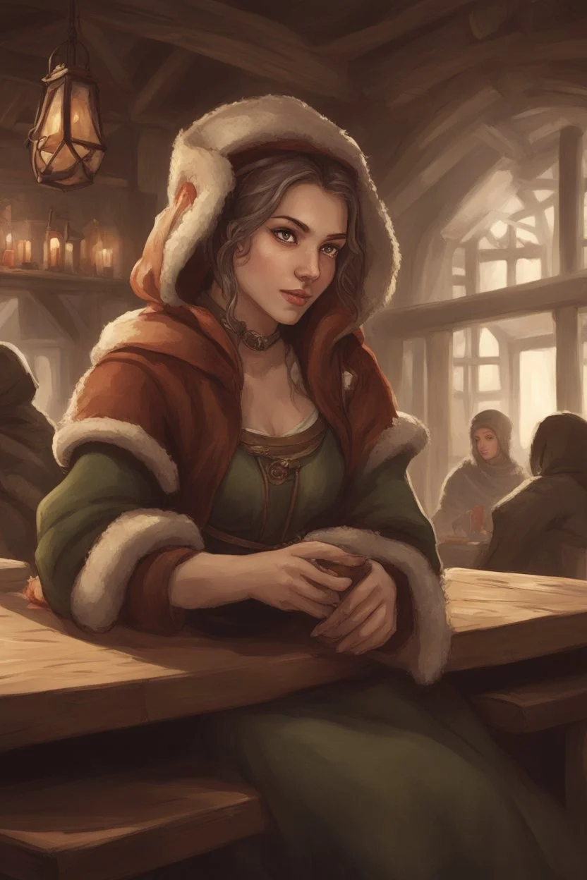 DnD style, medieval beautiful woman dressed in warm winter clothes sitting in a tavern