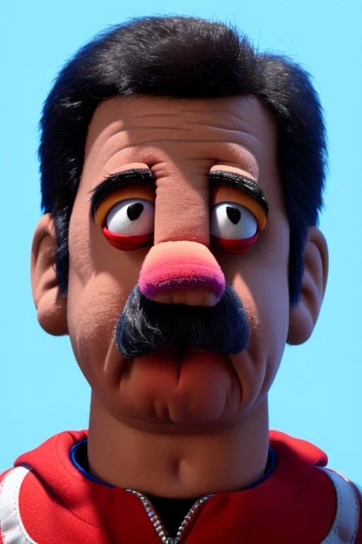 Waist up muppet Portrait, Nicolas maduro us muppet doll, Venezuelan president, tracksuit red blue and yellow, mustache, photo studio, red background, unreal engine 5, concept art, art station, ray tracing, lumen lighting, ultra detail, volumetric lighting, 3d.