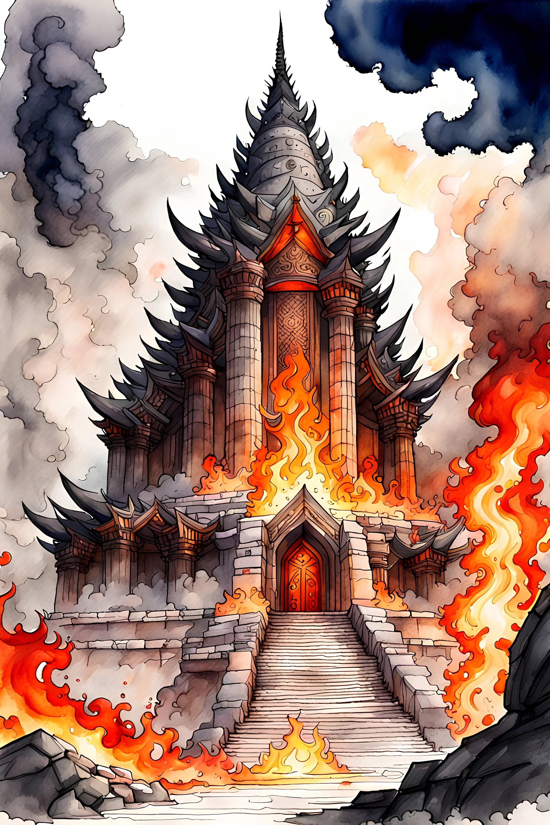 pathfinder temple of fire, ink wash and watercolor, 8k, ArtStation, DeviantArt
