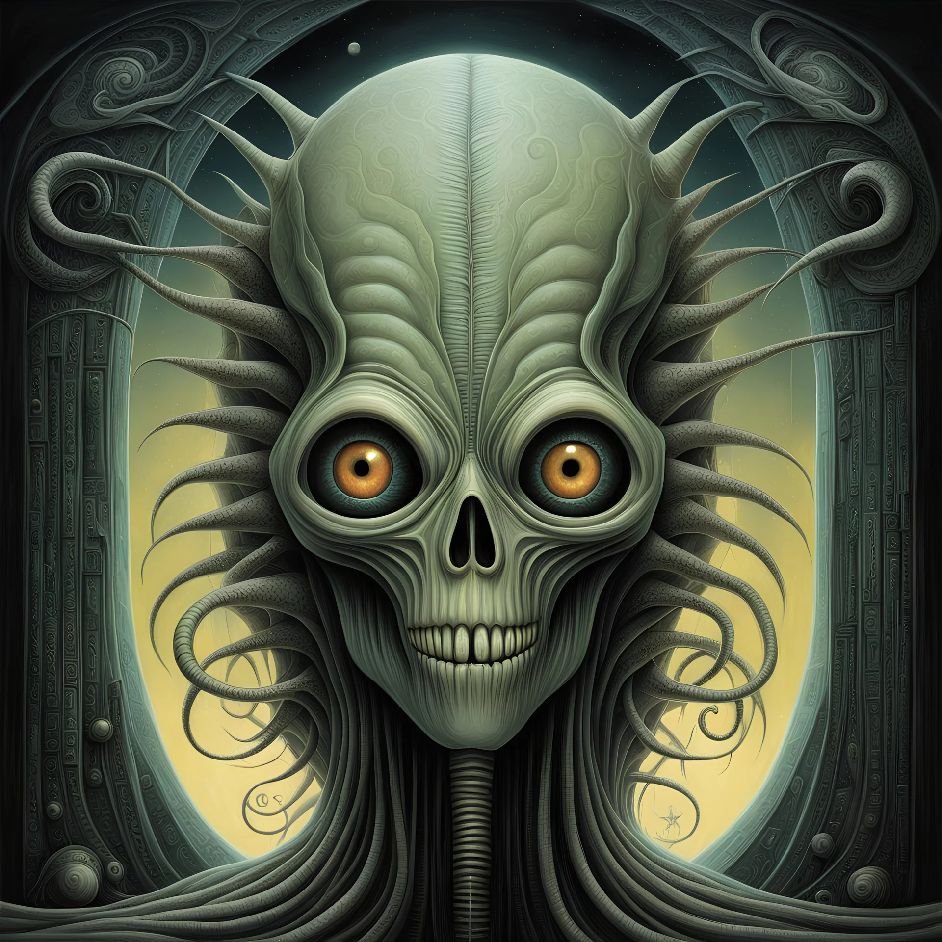 rich pastel colors, vibrating in nightmare conspiracy, Lovecraftian Koan of a windowless museum, cosmic horror, impression oil painitng, by Anton Semenov and Michael Whelan and Colin McCahon and Rex Ray, by H.R. Giger, creepy, eerie, scary colors, opulent shadows, diagonal composition